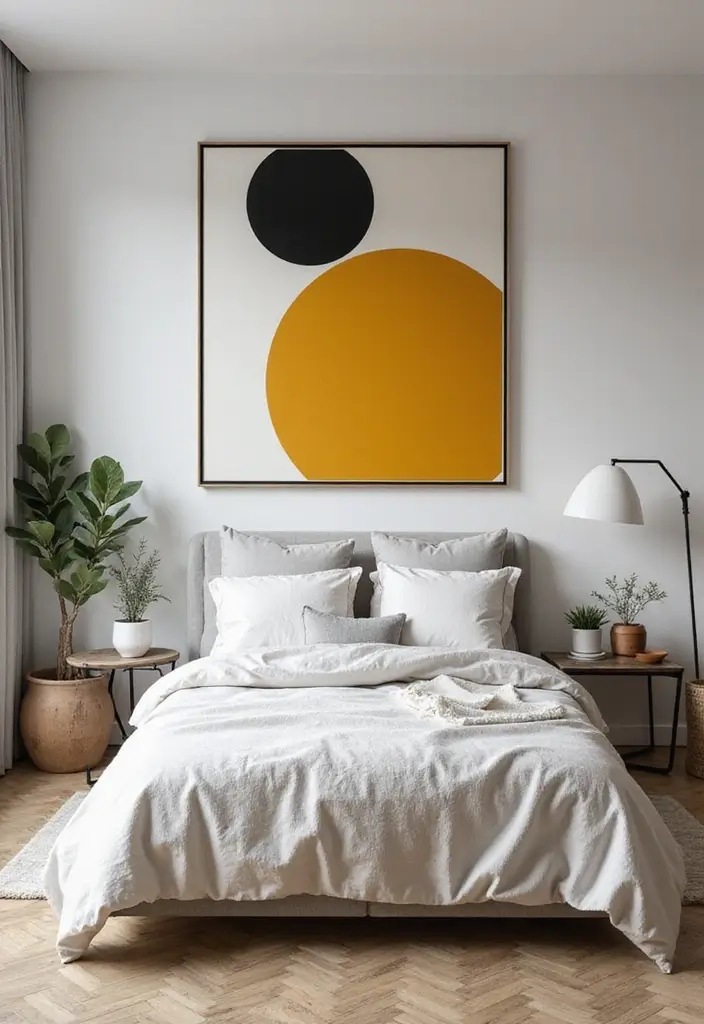 26 Apartment Bedroom Makeovers for a Cozy and Modern Vibe 4 26 Apartment Bedroom Makeovers for a Cozy and Modern Vibe - 4. Statement Wall Art