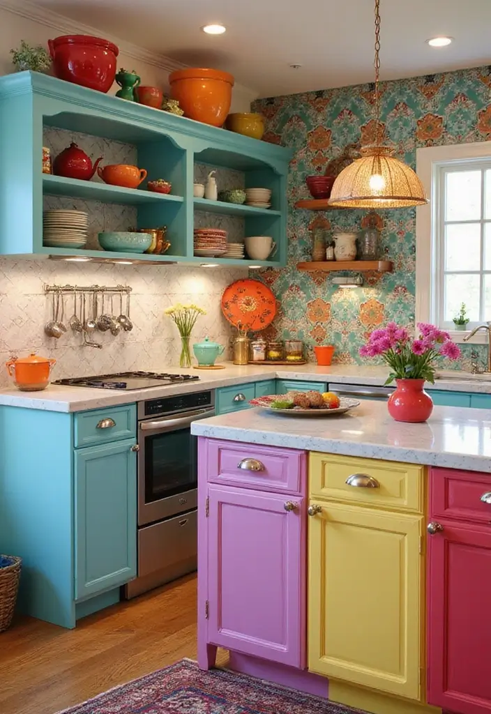 26 Kitchen Apartment Layouts That Save Space Beautifully - 10. Colorful Accents