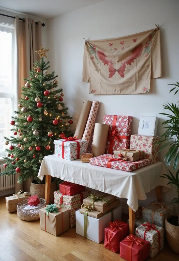 27 Apartment Christmas Decor Ideas That Spark Holiday Magic 16 27 Apartment Christmas Decor Ideas That Spark Holiday Magic - 16. Themed Gift Wrap Station