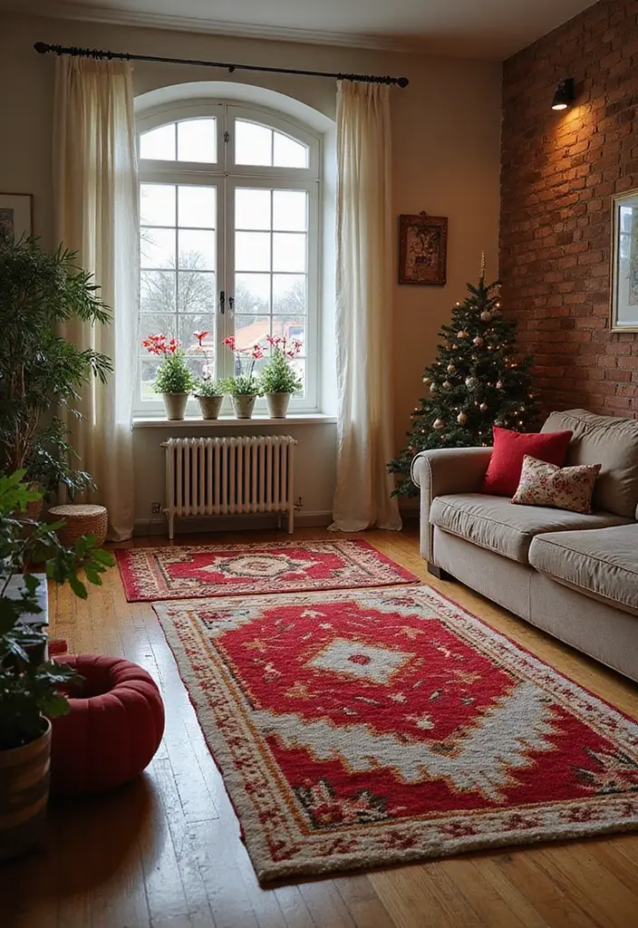 27 Apartment Christmas Decor Ideas That Spark Holiday Magic 20 27 Apartment Christmas Decor Ideas That Spark Holiday Magic - 20. Warm Up with Seasonal Rugs