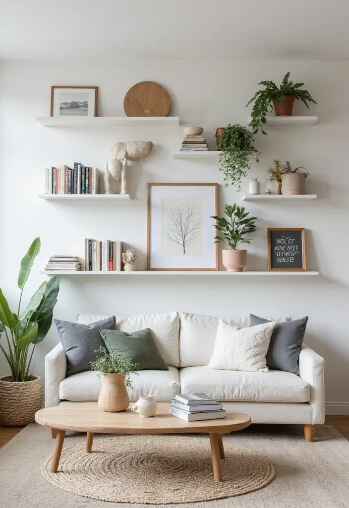 27 Living Room Ideas Apartment Spaces That Look Bigger and Brighter - 1. Embrace Open Shelving