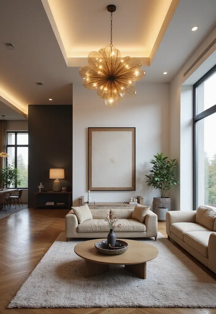 27 Living Room Ideas Apartment Spaces That Look Bigger and Brighter - 13. Use Bold Lighting Fixtures
