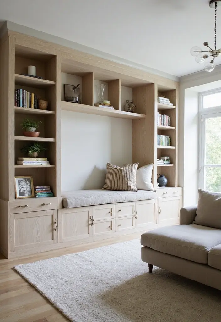 27 Living Room Ideas Apartment Spaces That Look Bigger and Brighter - 16. Use Built-In Furniture