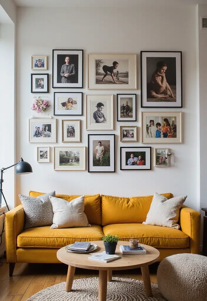 27 Living Room Ideas Apartment Spaces That Look Bigger and Brighter - 17. Incorporate a Gallery Wall