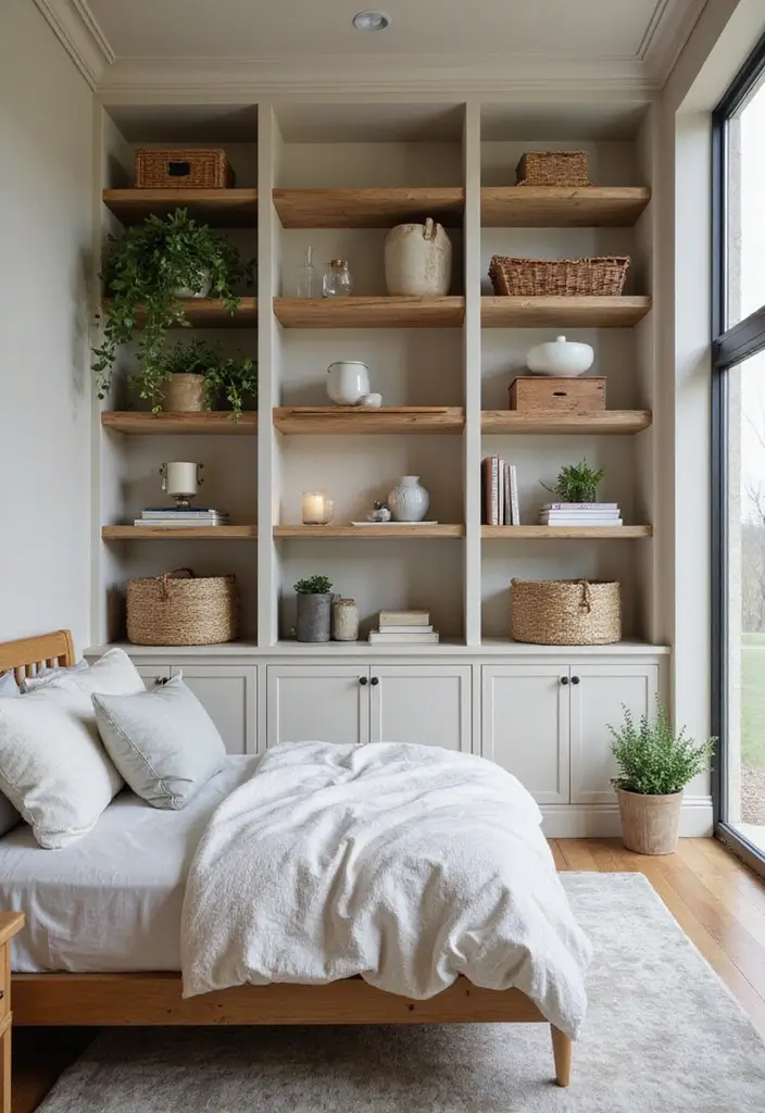 27 Small Space Bedroom Ideas That Feel Bigger Than They Are 22 27 Small Space Bedroom Ideas That Feel Bigger Than They Are - 22. Incorporate Built-In Shelves for Clever Storage