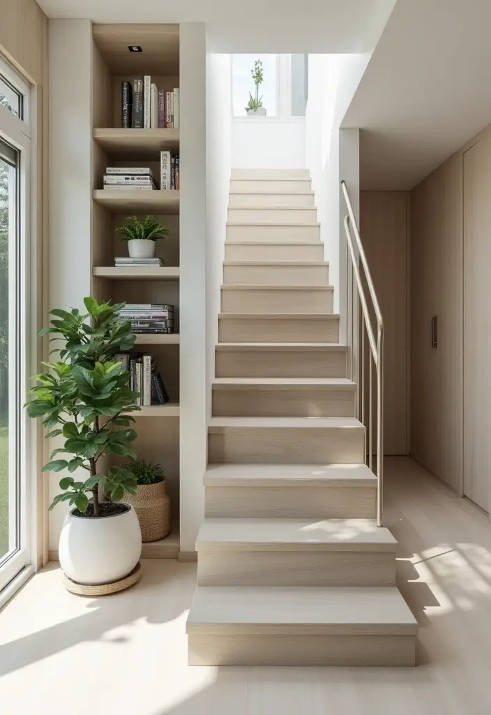 27 Small Space Staircase Designs That Save Room Creatively 1 27 Small Space Staircase Designs That Save Room Creatively - 1. Floating Steps with Built-in Shelving