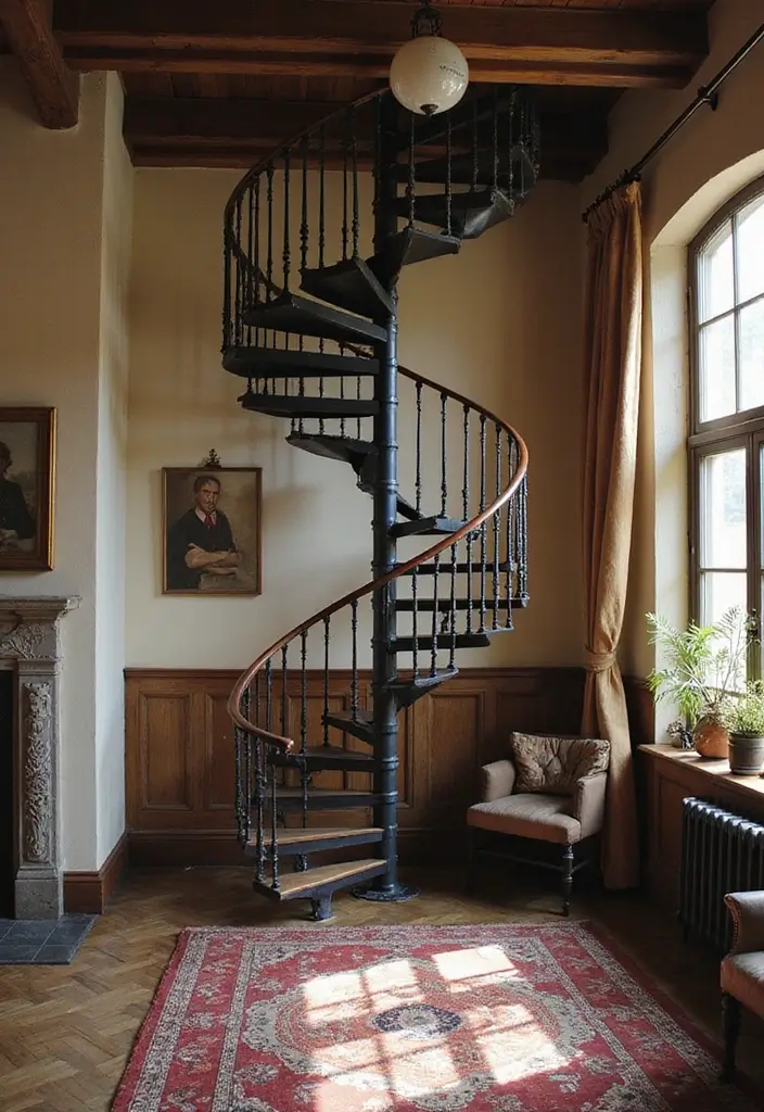 27 Small Space Staircase Designs That Save Room Creatively 15 27 Small Space Staircase Designs That Save Room Creatively - 15. Vintage-Style Spiral Stairs