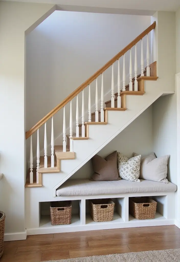 27 Small Space Staircase Designs That Save Room Creatively 16 27 Small Space Staircase Designs That Save Room Creatively - 16. Smart Storage Solutions: Benches Under Stairs