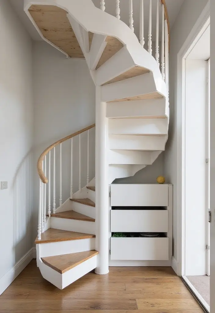 27 Small Space Staircase Designs That Save Room Creatively 2 27 Small Space Staircase Designs That Save Room Creatively - 2. Spiral Staircase with Storage Drawers