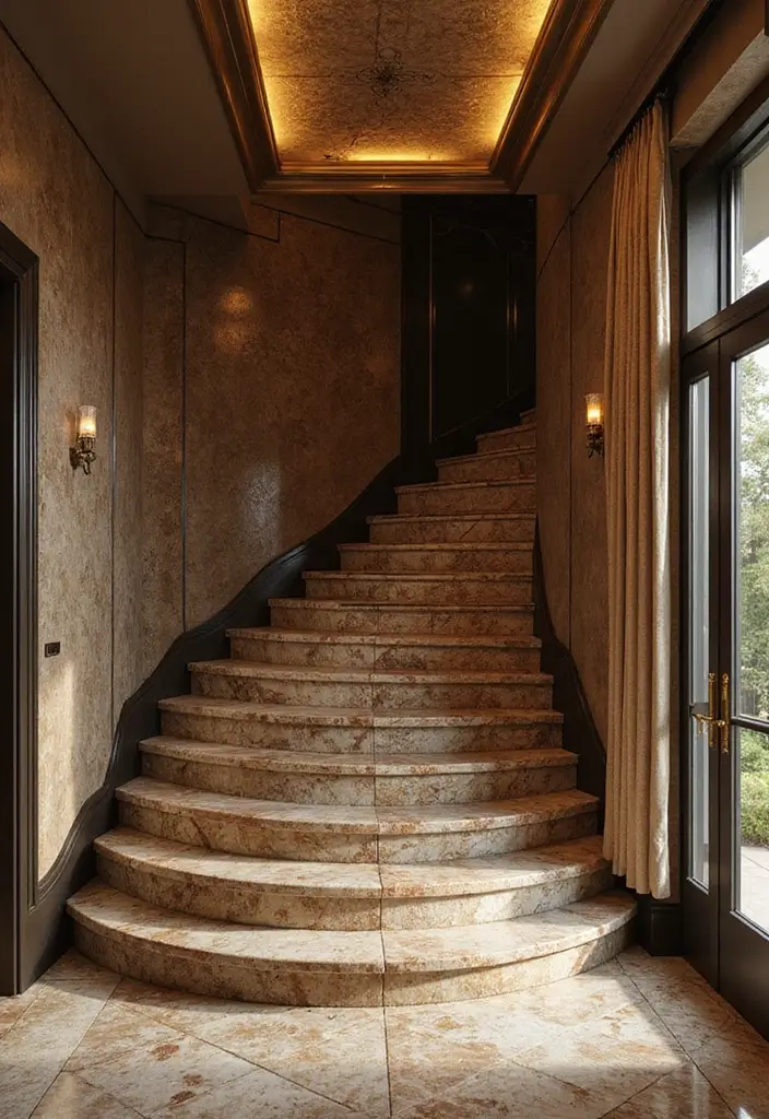 27 Small Space Staircase Designs That Save Room Creatively 23 27 Small Space Staircase Designs That Save Room Creatively - 23. Art Deco Inspired Steps