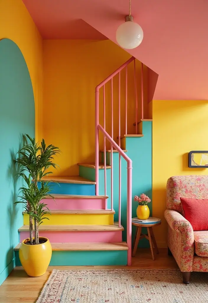 27 Small Space Staircase Designs That Save Room Creatively 24 27 Small Space Staircase Designs That Save Room Creatively - 24. Retro-style Steps with Bold Color