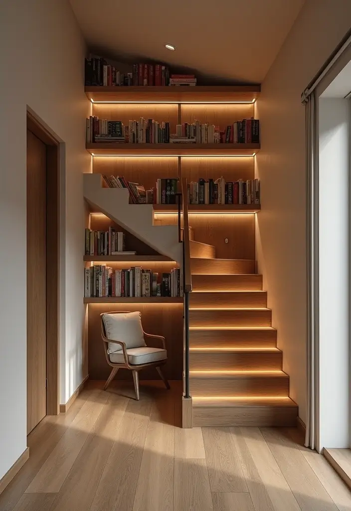 27 Small Space Staircase Designs That Save Room Creatively 3 27 Small Space Staircase Designs That Save Room Creatively - 3. Narrow Staircase with Under-Stair Library