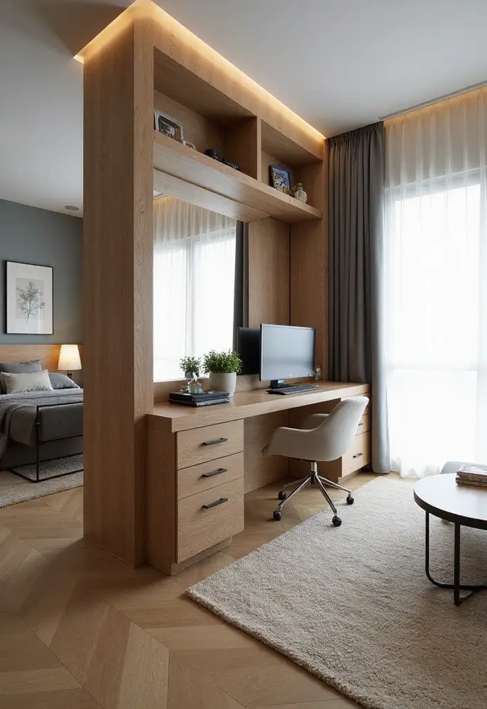 27 Studio Apartment Divider Hacks That Add Privacy in Style 13 27 Studio Apartment Divider Hacks That Add Privacy in Style - 13. Room Divider with a Built-In Desk