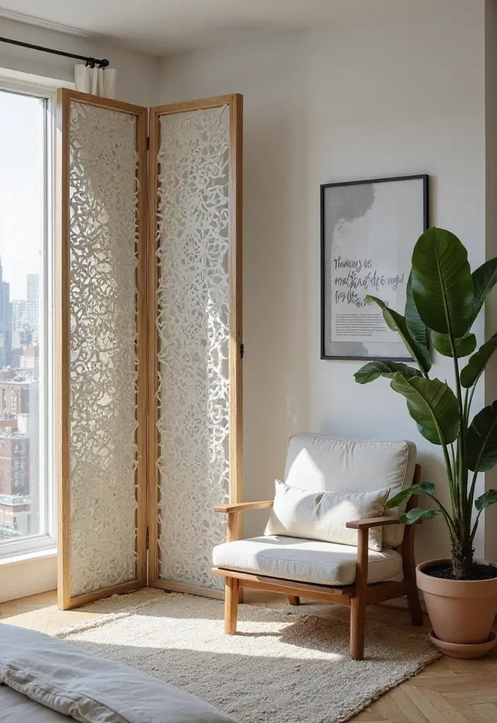 27 Studio Apartment Divider Hacks That Add Privacy in Style 22 27 Studio Apartment Divider Hacks That Add Privacy in Style - 22. Artful Room Divider Solutions