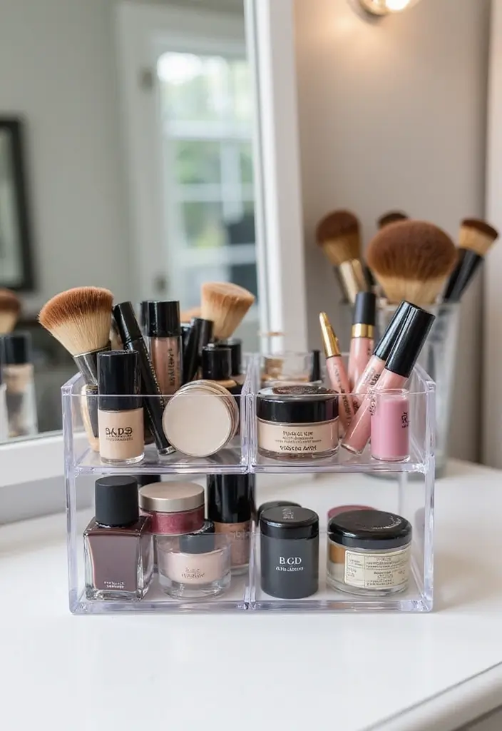 29 Small Space Makeup Vanity Hacks for Tiny Apartments 10 29 Small Space Makeup Vanity Hacks for Tiny Apartments - 10. Clear Acrylic Storage
