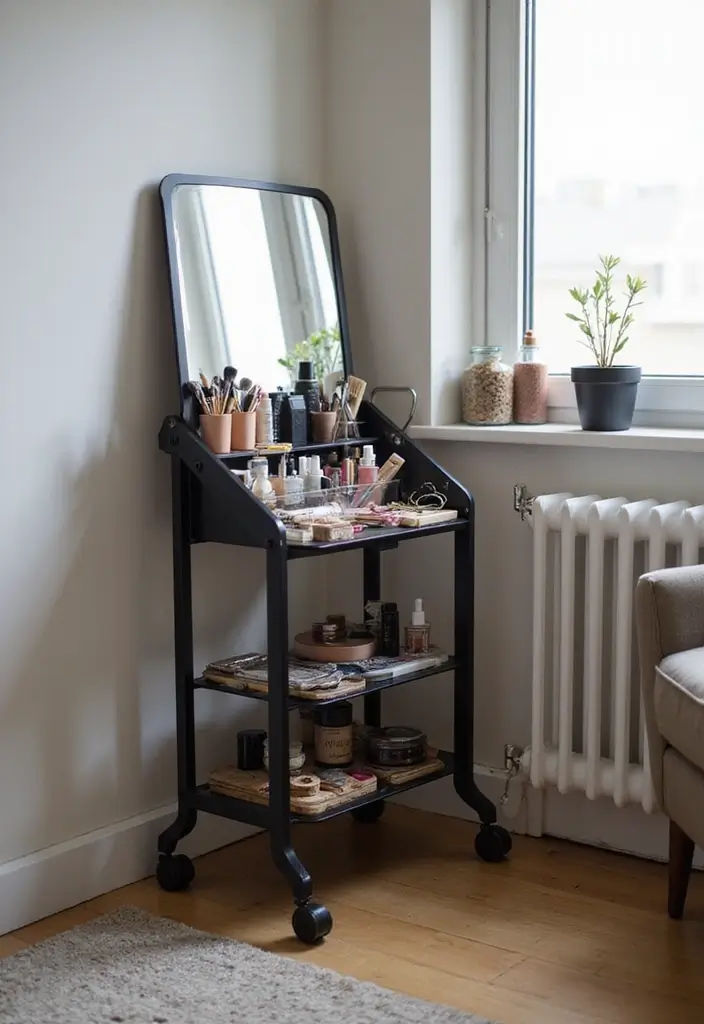 29 Small Space Makeup Vanity Hacks for Tiny Apartments 3 29 Small Space Makeup Vanity Hacks for Tiny Apartments - 3. Compact Makeup Carts