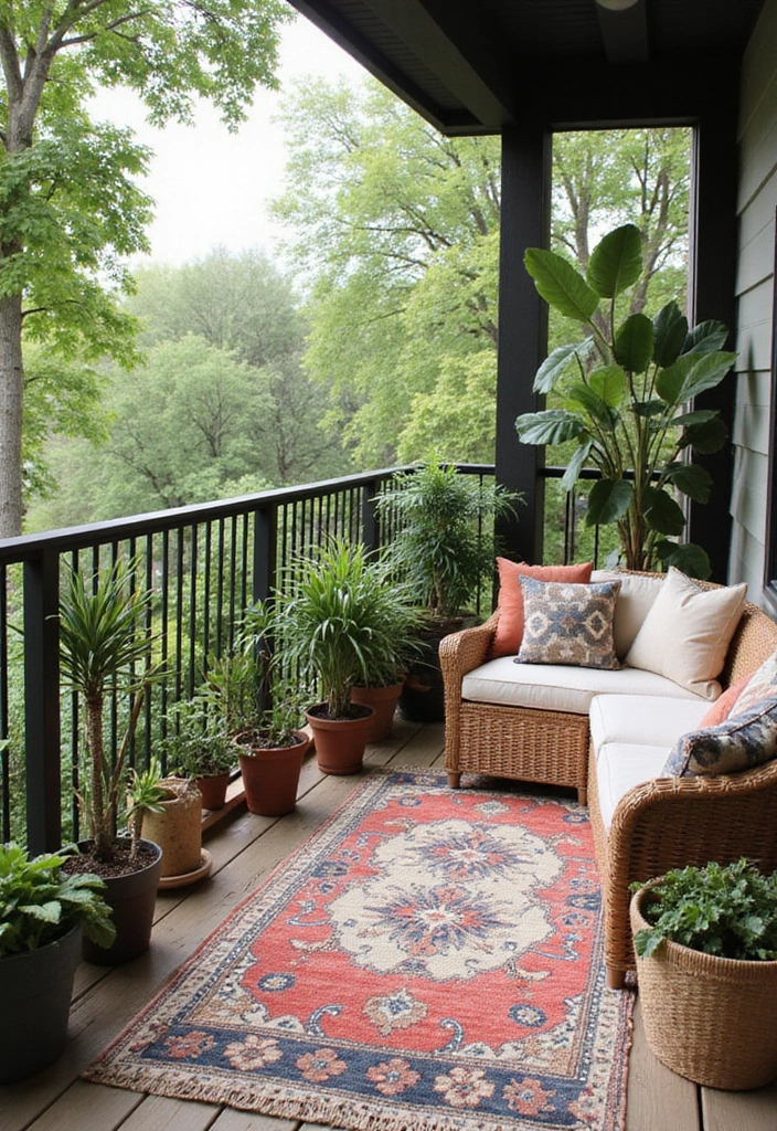 30+ Apartment Balcony Decorating Ideas for Outdoor Charm 13 30+ Apartment Balcony Decorating Ideas for Outdoor Charm - 13. Cozy Outdoor Rugs