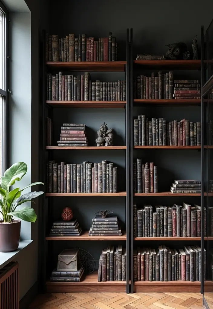 30 Gothic Apartment Decor Inspirations That Feel Dark & Chic 12 30 Gothic Apartment Decor Inspirations That Feel Dark & Chic - 12. Statement Bookshelves