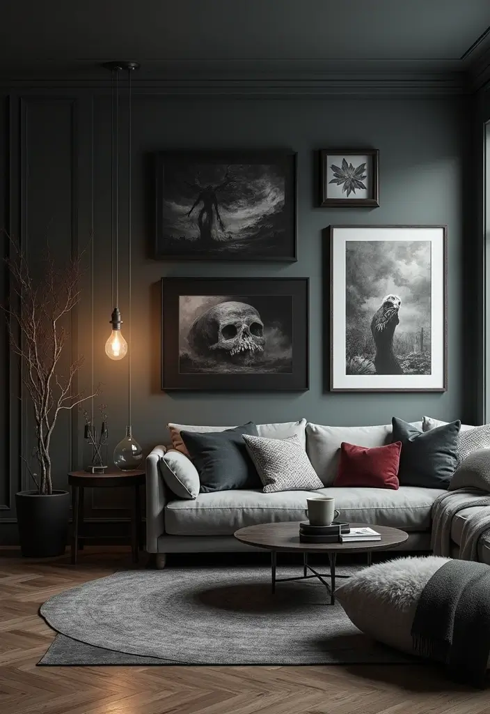 30 Gothic Apartment Decor Inspirations That Feel Dark & Chic 14 30 Gothic Apartment Decor Inspirations That Feel Dark & Chic - 14. Dark and Moody Wall Art