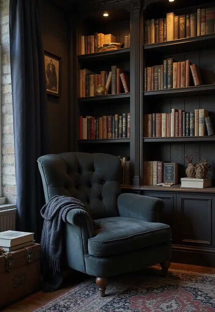 30 Gothic Apartment Decor Inspirations That Feel Dark & Chic 22 30 Gothic Apartment Decor Inspirations That Feel Dark & Chic - 22. Cozy Reading Nooks