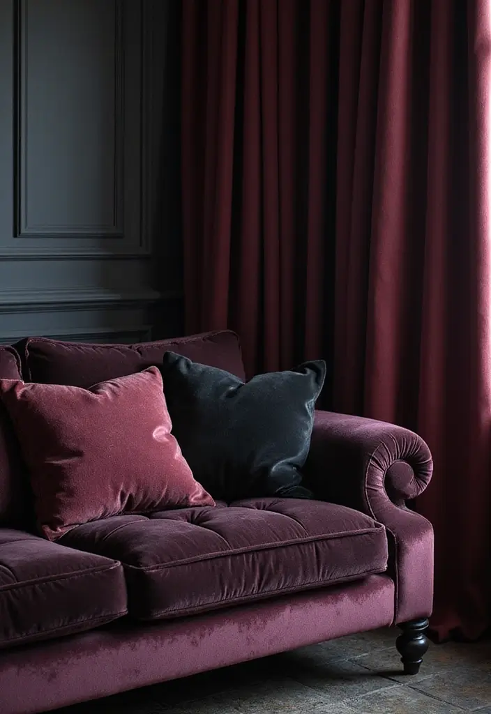 30 Gothic Apartment Decor Inspirations That Feel Dark & Chic 3 30 Gothic Apartment Decor Inspirations That Feel Dark & Chic - 3. Dark Velvet Textiles
