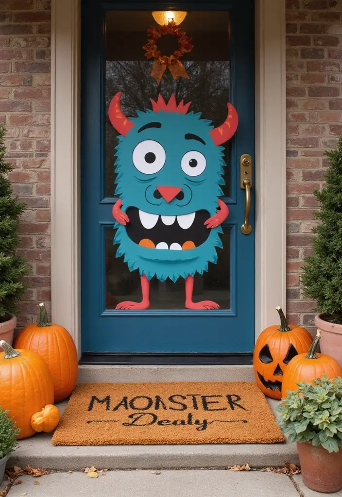 30 Halloween Apartment Decor Ideas That Are Scary-Cute 12 30 Halloween Apartment Decor Ideas That Are Scary-Cute - 12. Playful Monster Door Mats