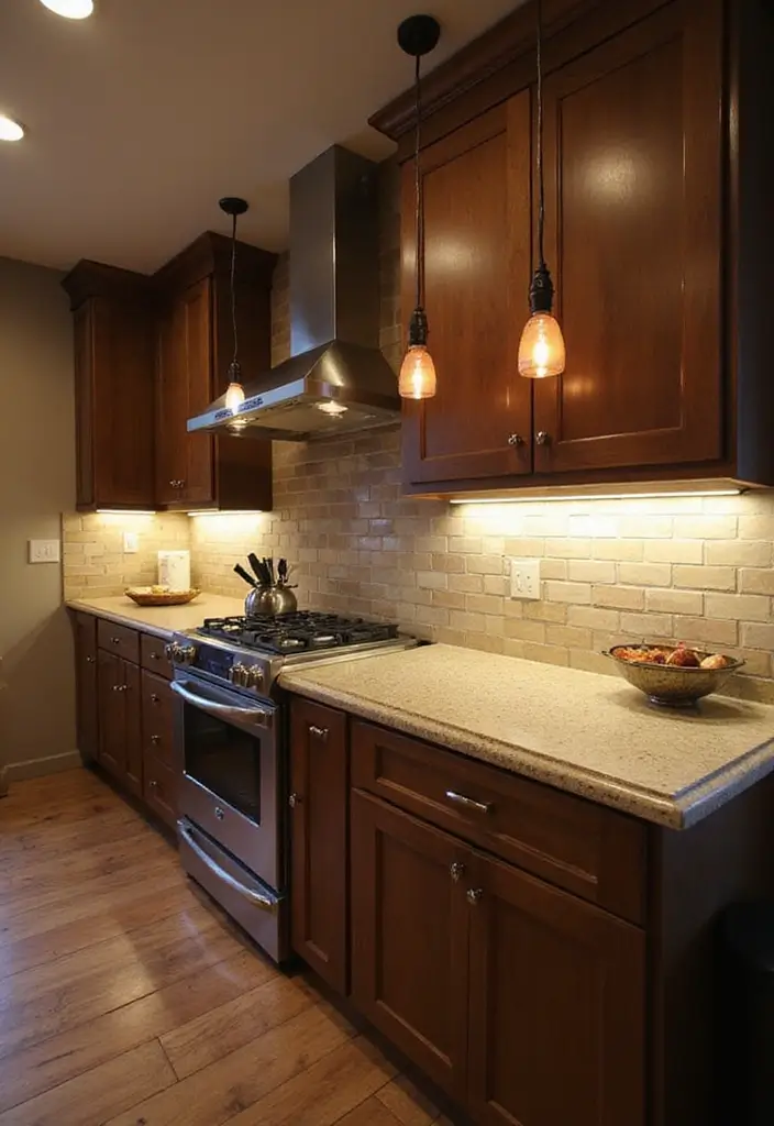 30 Small Kitchen Apartment Layouts That Work Wonders - 10. Creative Lighting Solutions