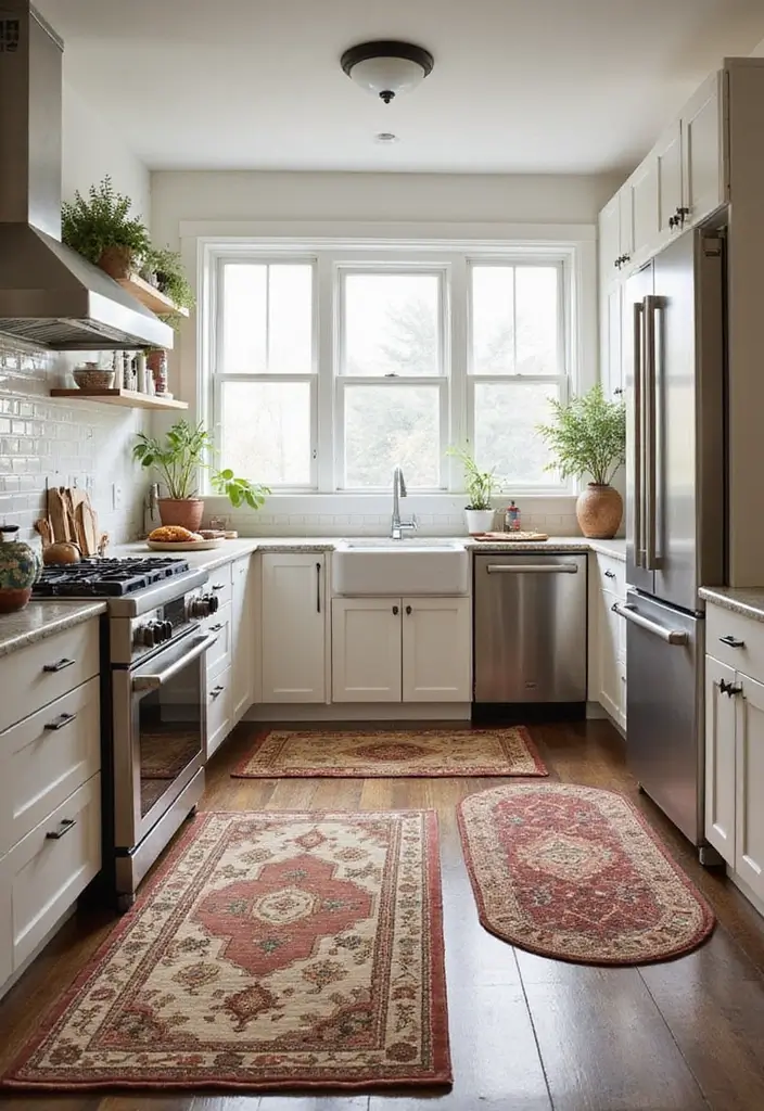 30 Small Kitchen Apartment Layouts That Work Wonders - 19. Layered Rugs