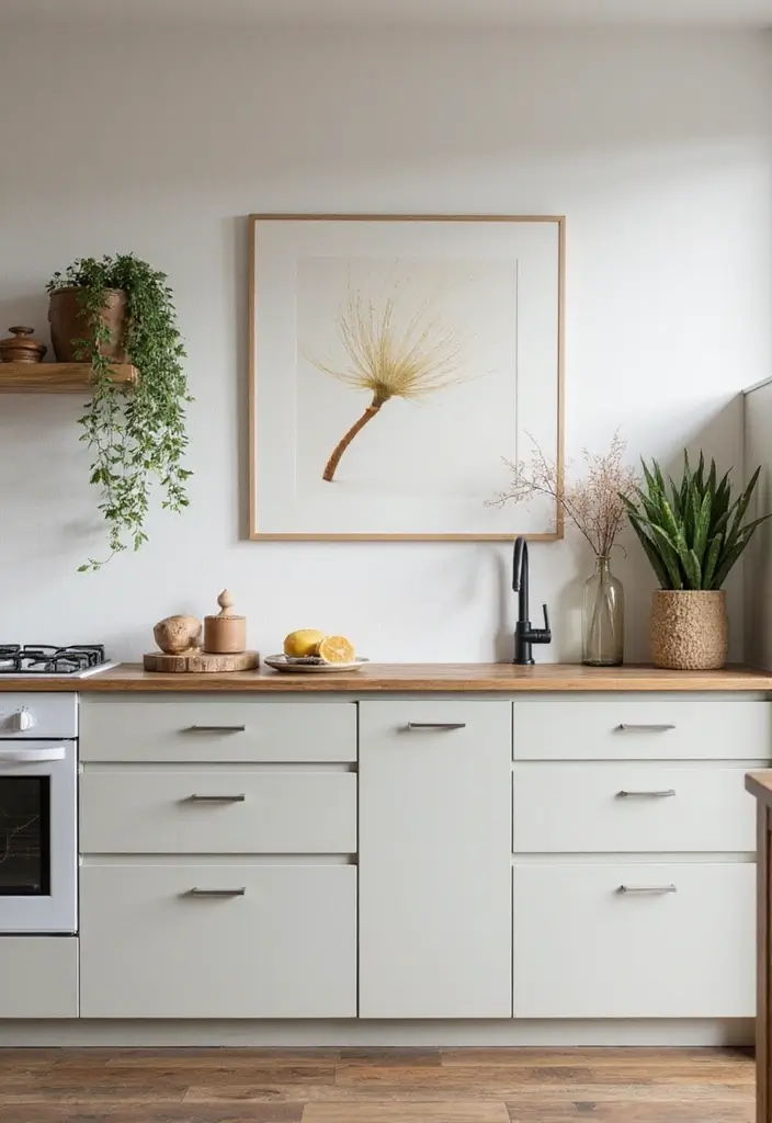 30 Small Kitchen Apartment Layouts That Work Wonders - 20. Minimalist Wall Art
