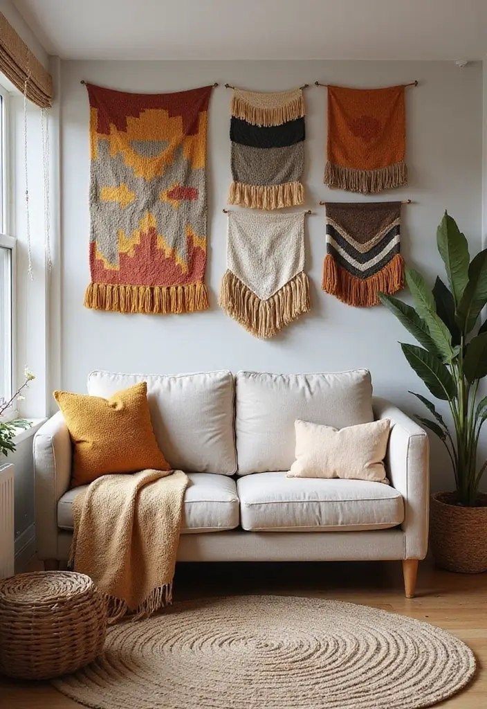 30 Small Living Room Ideas: Cozy and Stylish Apartment Spaces - 18. Textile Wall Hangings