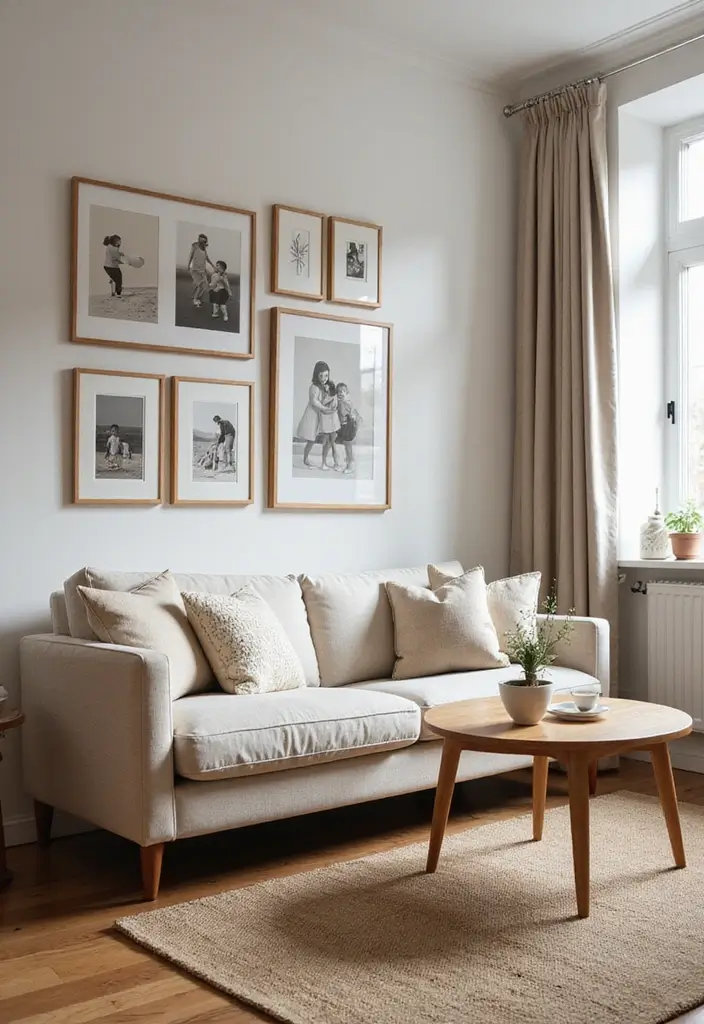 30 Small Living Room Ideas: Cozy and Stylish Apartment Spaces - 20. Personal Photo Displays
