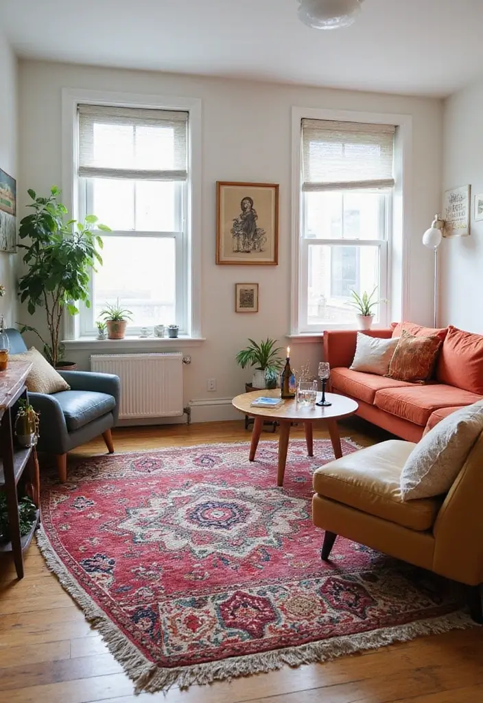 30 Small Living Room Ideas: Cozy and Stylish Apartment Spaces - 8. Statement Rugs