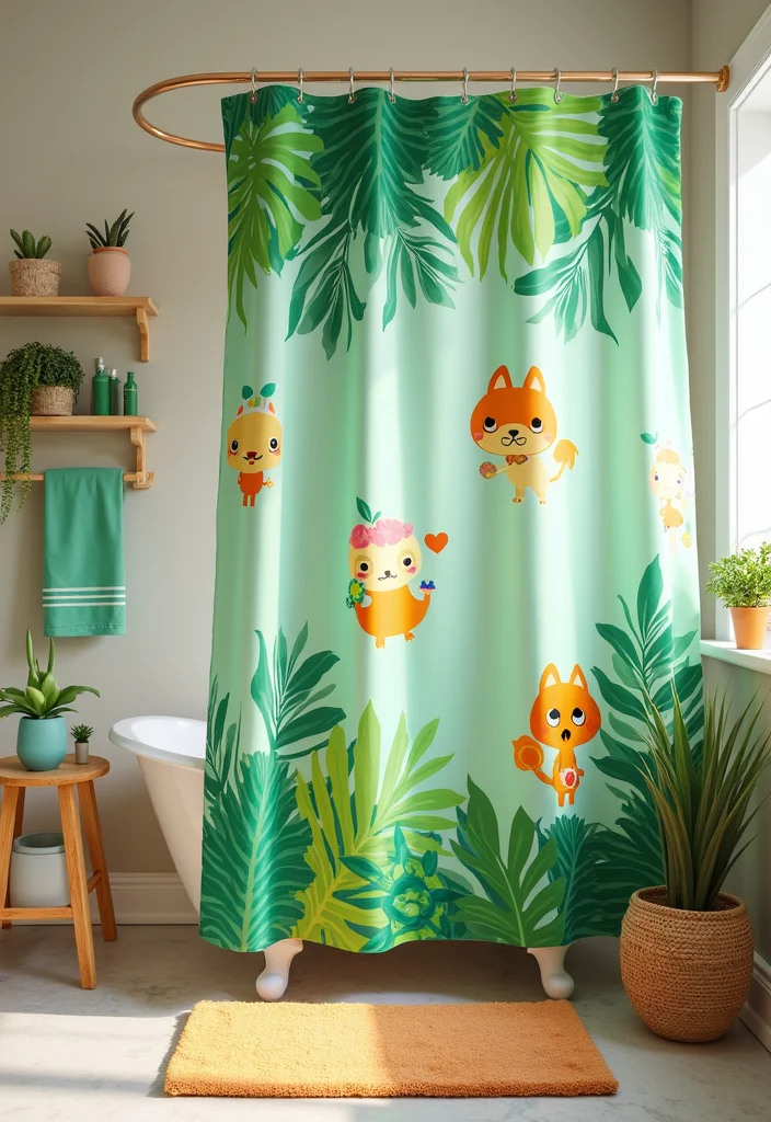 12 ACNH Bathroom Ideas for Cute Creative Island Inspired Style 1. Tropical Shower Curtain