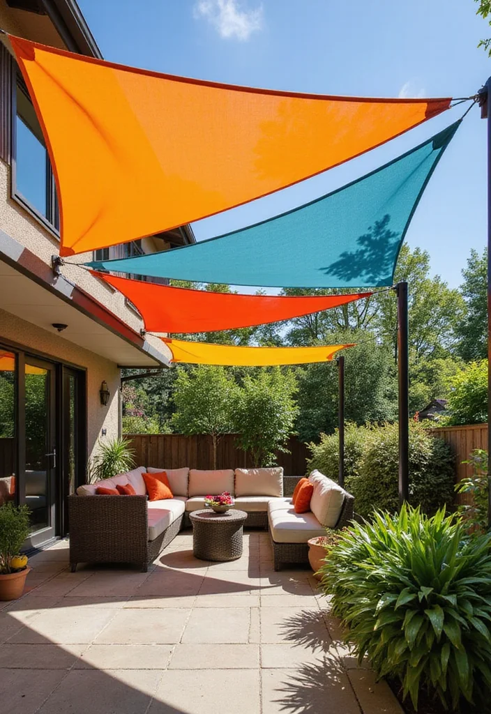 12 Backyard Awning Ideas for Covered Patios: Embracing Cool Shade and Comfort - 3. Shade Sails: Modern and Stylish