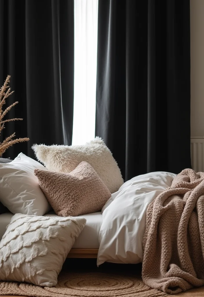 12 Black Curtains Bedroom Ideas for Moody Cozy Modern Vibes 1. Layering with Soft Textures