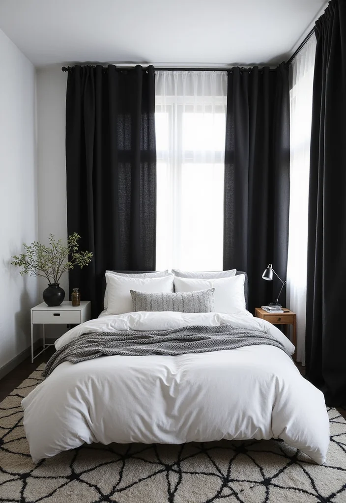 12 Black Curtains Bedroom Ideas for Moody Cozy Modern Vibes 2. Black and White Contrast