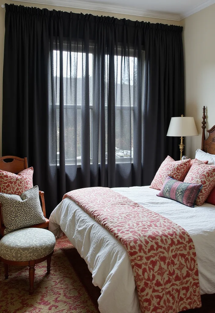 12 Black Curtains Bedroom Ideas for Moody Cozy Modern Vibes 3. Mixing Patterns and Prints