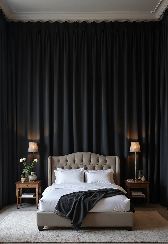 12 Black Curtains Bedroom Ideas for Moody Cozy Modern Vibes 7. Dramatic Floor to Ceiling Curtains
