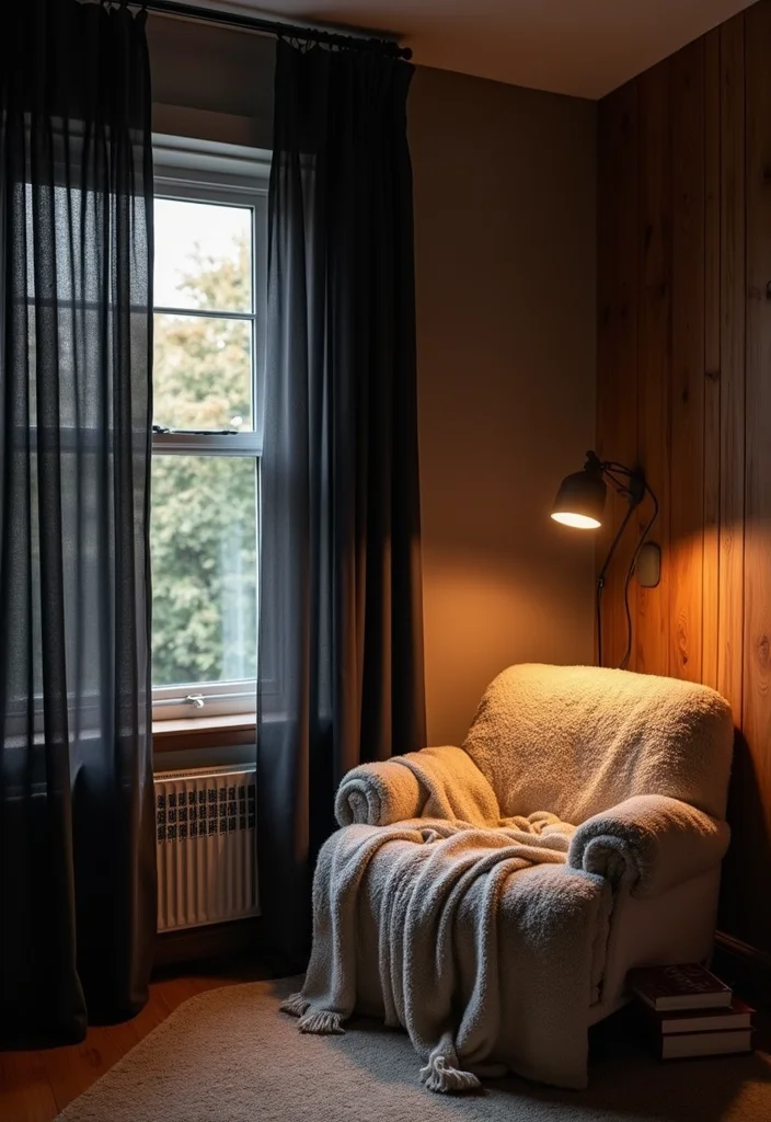 12 Black Curtains Bedroom Ideas for Moody Cozy Modern Vibes 8. Cozy Corner Nooks