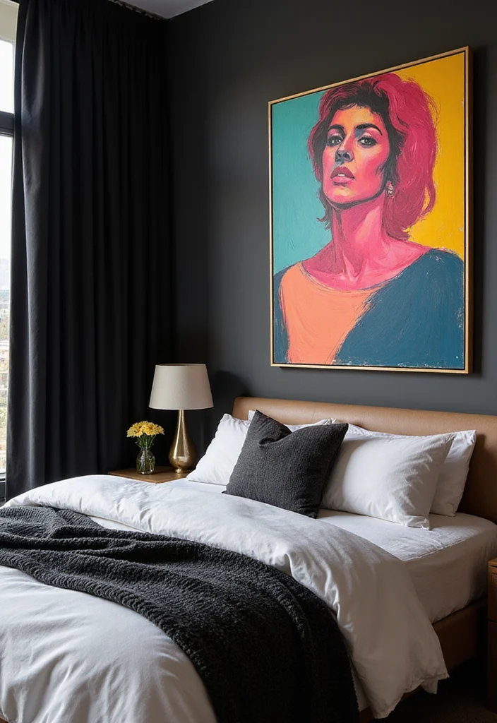 12 Black Curtains Bedroom Ideas for Moody Cozy Modern Vibes 9. Bold Artwork Statement