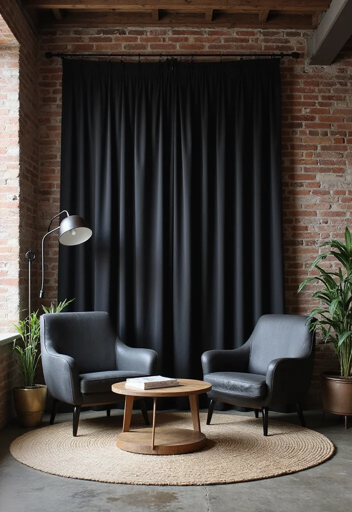 12 Black Curtains Living Room Ideas for Bold Dramatic Contrast 10. Modern Industrial Vibe