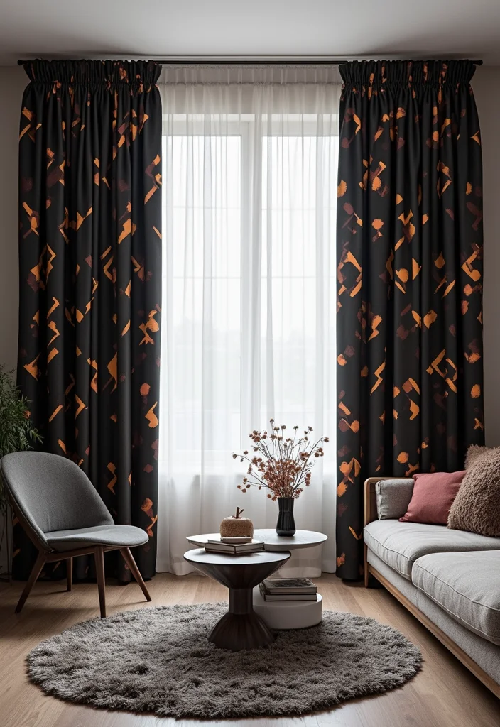 12 Black Curtains Living Room Ideas for Bold Dramatic Contrast 3. Geometric Patterns