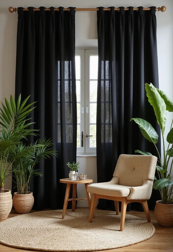 12 Black Curtains Living Room Ideas for Bold Dramatic Contrast 4. Black and Natural Elements