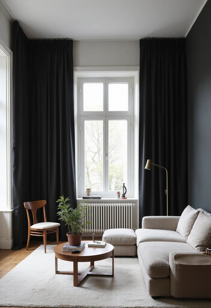 12 Black Curtains Living Room Ideas for Bold Dramatic Contrast 5. Minimalist Elegance