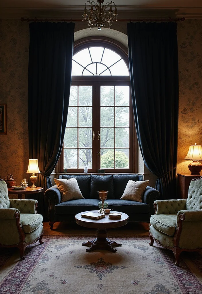 12 Black Curtains Living Room Ideas for Bold Dramatic Contrast 6. Vintage Glam