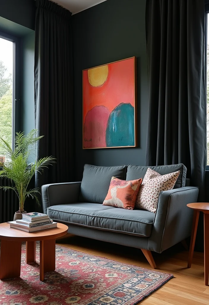 12 Black Curtains Living Room Ideas for Bold Dramatic Contrast 7. Artistic Showcase