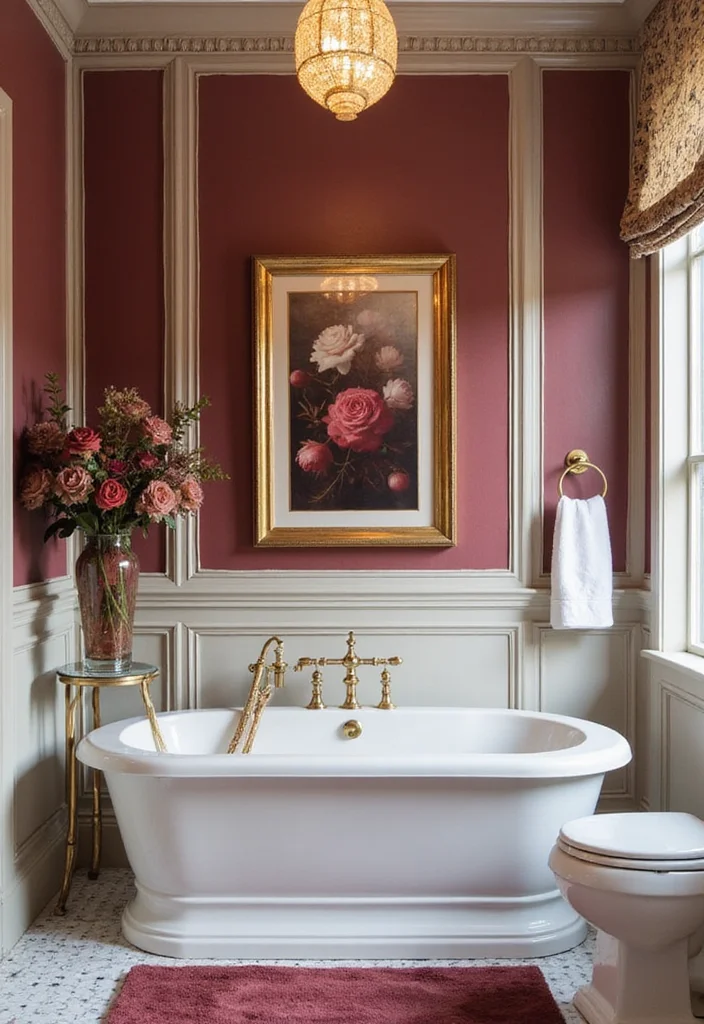 12 Burgundy Bathroom Ideas for Rich Warm Elegant Depth - 4. Luxurious Wall Art