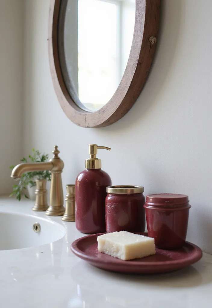 12 Burgundy Bathroom Ideas for Rich Warm Elegant Depth - 5. Stylish Bath Accessories