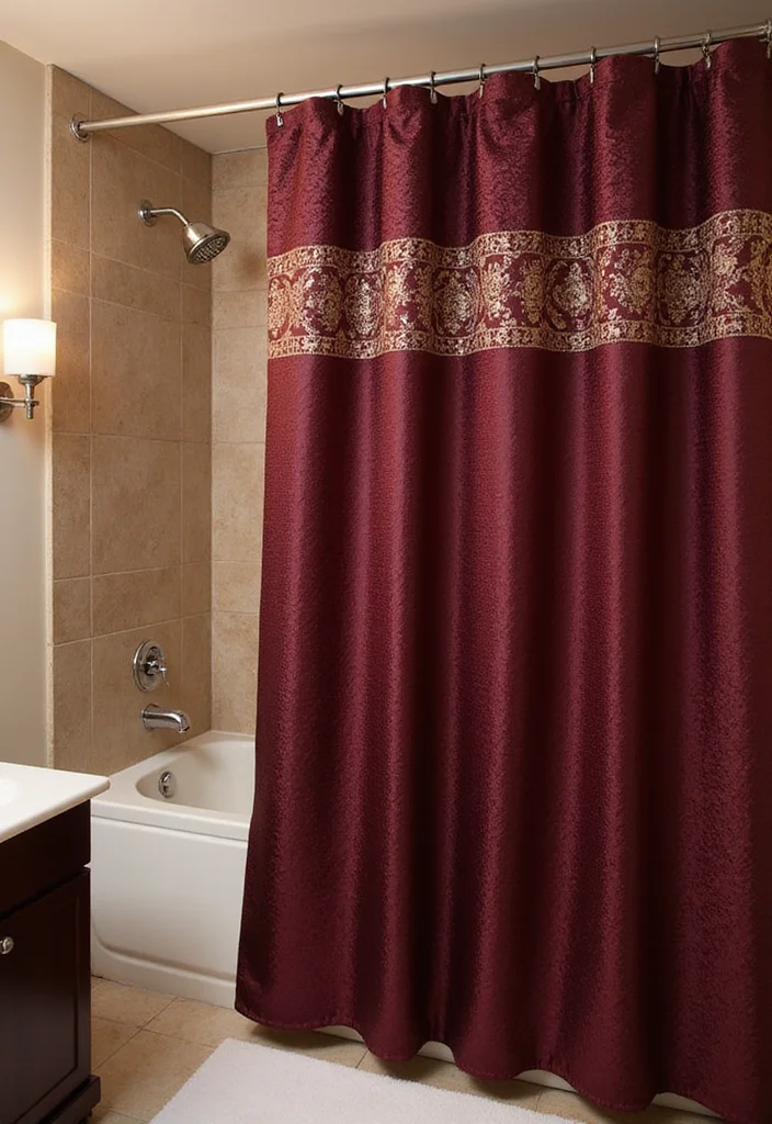 12 Burgundy Bathroom Ideas for Rich Warm Elegant Depth - 6. Opulent Shower Curtains