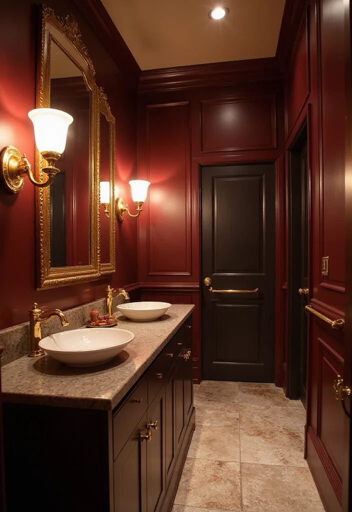 12 Burgundy Bathroom Ideas for Rich Warm Elegant Depth - 7. Elegant Lighting Fixtures